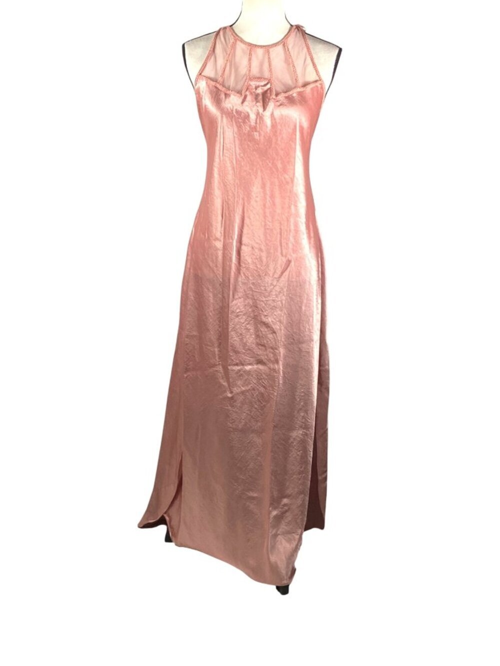 Vintage Victoria Secret gold label Satin Pink slip Dress Sheer Halter Neck L